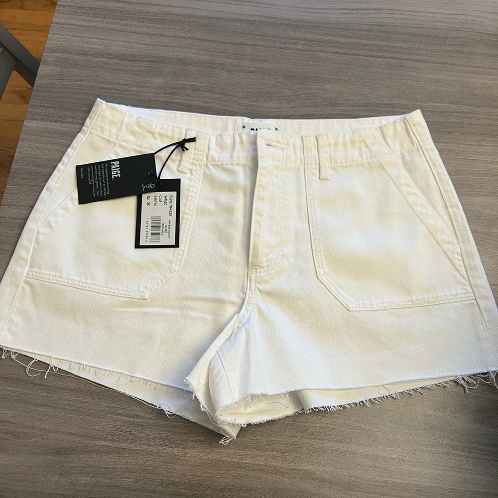 PAIGE Women's Crisp White Utility Jean Shorts - Picture 9 of 9
